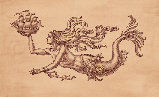 Ink and pen drawing, swimming mermaid and sailing ship, allegory of the sea, on brown old paper background.