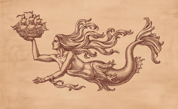 Mermaid and sailing ship on brown paper. Ink and pen drawing, swimming mermaid and sailing ship, allegory of the sea, on brown old paper background. goddess of ocean stock illustrations
