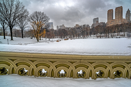 Bow bridge, Central Park, New York City,early morning during snow storm