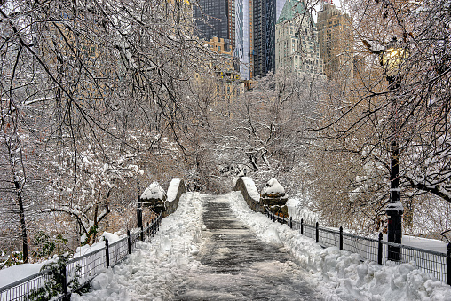 Gapstow Bridge in Central Park during snow storm, early orning