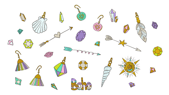 Boho doodles set. Ethnic. Tribal. Bohemian style. Feather. Arrows. Crystal. Macrame. Ornaments. Fashion. Trendy sketches collection.