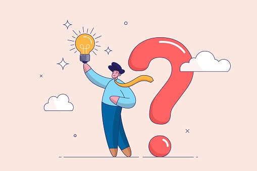 QA concept. Question and answer, q and a or solution to solve problem, FAQ frequently asked question, help or creative thinking idea. Smart businessman holding question mark sign and lightbulb.