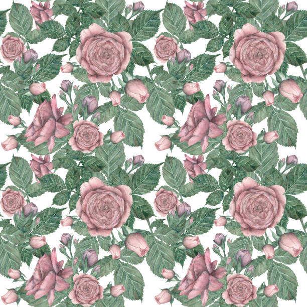 istock Seamless pattern with delicate pink roses and green leaves in vintage style. Watercolor illustration. International Women's Day. Template for postcards, packaging, floristry, textile, print, wallpaper 1927115436