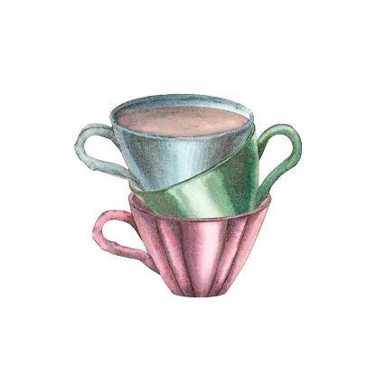 Watercolor set, a stack of blue, green and pink porcelain cups in vintage style, highlighted on a white background. Illustration, clipart. Template for the design of postcards, fabrics, dishes.
