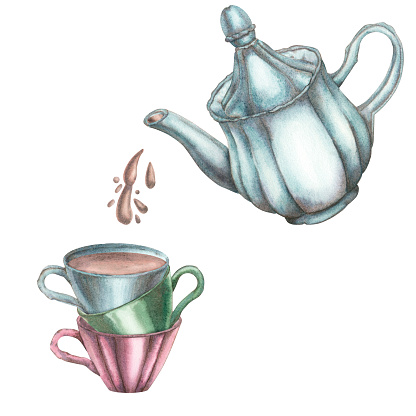 A composition of a blue teapot with tea drops and three cups in a stack on a white background. Watercolor illustration of isolate. Template for packaging design, household items, kitchen, postcards.