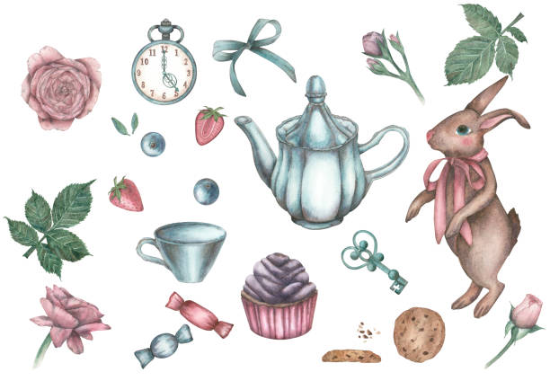 istock A large set of isolates of cookies, sweets, cupcakes, roses, strawberries, blueberries, rabbit, teapot, cups, pocket watches, keys and a bow in vintage style. Watercolor illustration 1927117574