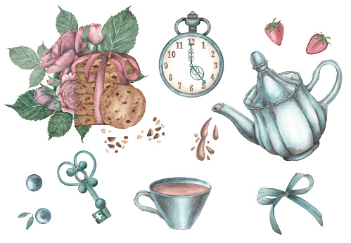 A set with compositions of cookies tied with a pink ribbon and decorated with roses, a teapot and a cup of tea, strawberries, blueberries, pocket watch, a key and a bow in vintage style. Watercolor.