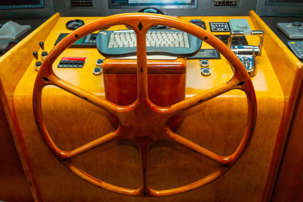 istock Cabin control yacht. Navigation panel with steering wheel and gearshift levers. 1927118157