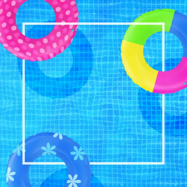 Vector illustration of Swim rings on swimming pool water background. Frame for text. Inflatable rubber toy. Realistic summertime illustration. Summer vacation or trip concept. Top view swimming circles.