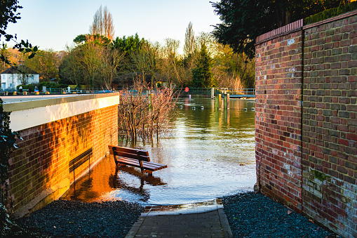 Bench in flooded Marlow parklands