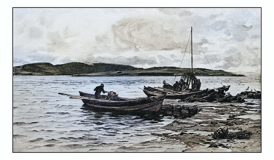 Antique dotprinted photo of paintings: fishermen's boats