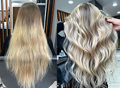 Long hair dyeing in air touch or shatush technique. Before and after