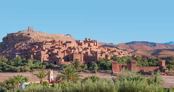 Panoramic View on Ait Ben Haddou near Ouarzazate river, Atlas Mountains, Morocco, North Africa