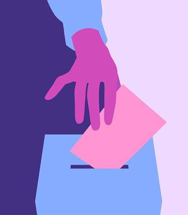 Hand putting voting paper in the ballot box. Minimalist and flat style color drawing. Vector illustration