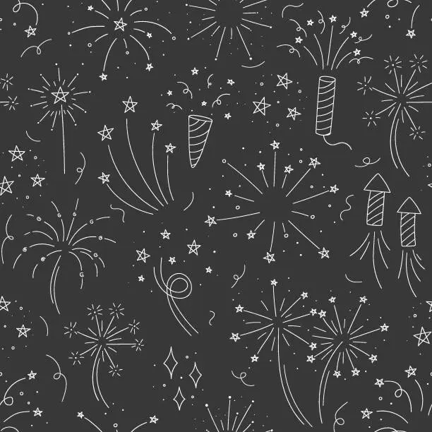 Vector illustration of Cute line doodle firework seamless pattern. Vector illustration. Holiday event design. Christmas salute.