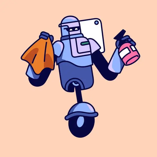 Vector illustration of Housekeeping, cleaning service. Robot helper with detergent do housework. Machine servant cleans home, washing window. Cyborg assistant, cleaner helping with dusting. Flat isolated vector illustration