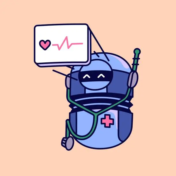 Vector illustration of Robot medic display cardiogram, ECG. Machine does medical diagnostic of heart, care about cardio health. Healthcare computer with stethoscope for aid in hospital. Flat isolated vector illustration