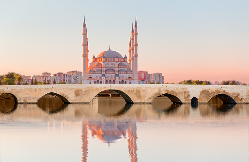 The Stone Bridge and Sabanci Mosque at sunset - Adana, Turkey