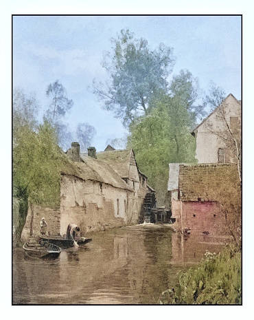 Antique dotprinted photo of paintings: River town