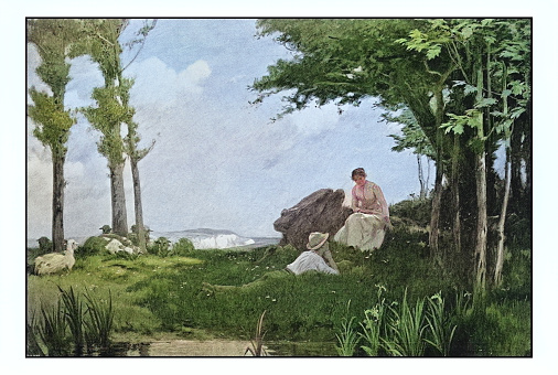 Antique dotprinted photo of paintings: couple outdoors