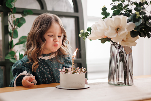 Child birthday party. Adorable little girl sits by the table with birthday cake decorated flowers and burn candle, makes wish. Kid in festive dress at room with balloons, bouquet of flowers at vase.
