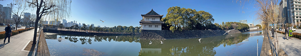 A panoramic photo of the Imperial Palace, Tatsumi Yagura and its surrounding scenery, data January 12, 2024, Tokyo, Chiyoda Ward, Japan.