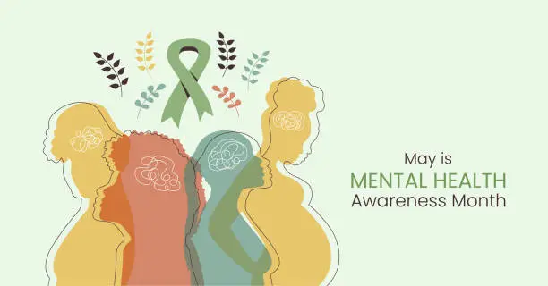 Vector illustration of Mental Health Awareness Month Banner with Woman Silhouette. Horizontal design in flat style to inform and remind about importance of good mood. Psychological well-being concept with leaves and ribbon