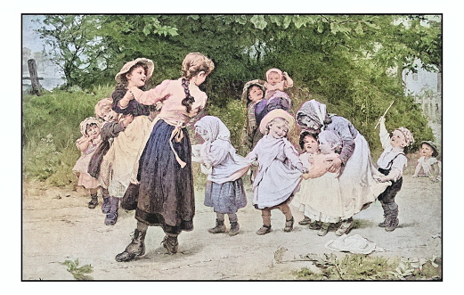 Antique dotprinted photo of paintings: Children outdoor
