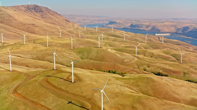AERIAL Windmill farm on the hills along the Columbia River Gorge, USA