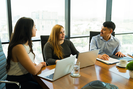 Caucasian businesswoman sharing some of his ideas in a business meeting with some clients