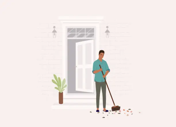 Vector illustration of Black Man With Broom Sweeping Leaves At His Front House Door.