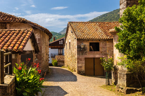 mansões de montanha de pedra velhas, telhados vermelhos, flores. carmona, cantábria, espanha. - carmona - fotografias e filmes do acervo