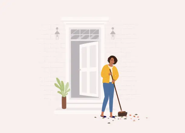 Vector illustration of Black Woman With Broom Sweeping Leaves At Her Front House Door.