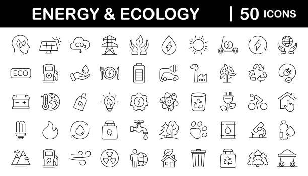 ilustraciones, imágenes clip art, dibujos animados e iconos de stock de conjunto de iconos web de energía verde en estilo de línea. iconos ecológicos para web y aplicación móvil. panel solar, reciclaje, eco, electricidad verde, naturaleza, bio, energía, agua, energía y más. trazo editable - energía solar