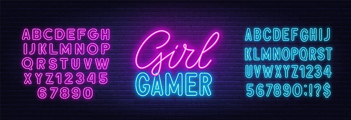 Girl Gamer neon sign on brick wall background. Pink and blue neon alphabets.