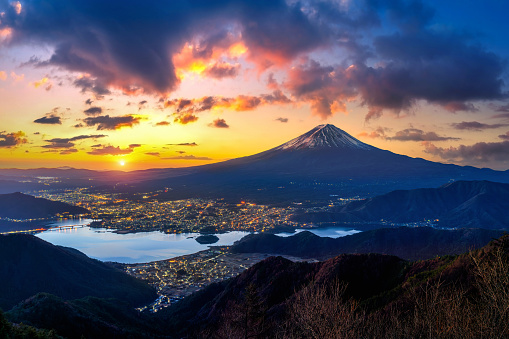 Landscape of Fuji mountains and Kawaguchiko lake at sunrise, Yamanashi in Japan.