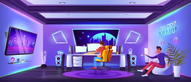 Vector illustration of Game and stream room interior with two players.