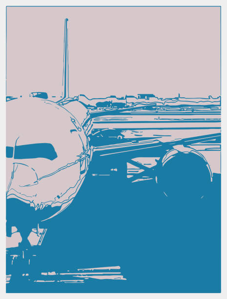 outline risograph style plane in airport scene illustration background