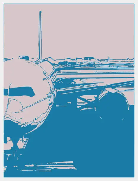 Vector illustration of outline risograph style plane in airport scene illustration background