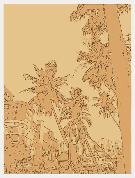 Vector illustration of outline risograph style palm trees in city street scene illustration background