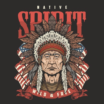 Native American vintage sticker colorful with portrait of indian chief with patriotic flags of American state vector illustration