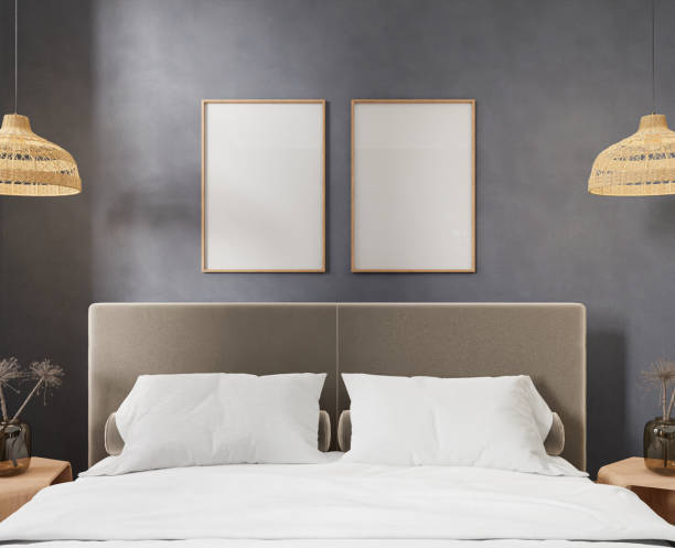 istock cozy interior style, bedroom room, frame mockup, poster mockup illustration , 3d rendering. 1927318234