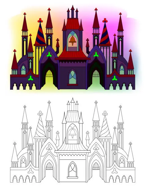 Vector illustration of Colorful and black and white pattern of medieval Gothic castle with towers, bells and gates. Printable worksheet for coloring book for children and adults. Vector cartoon image.