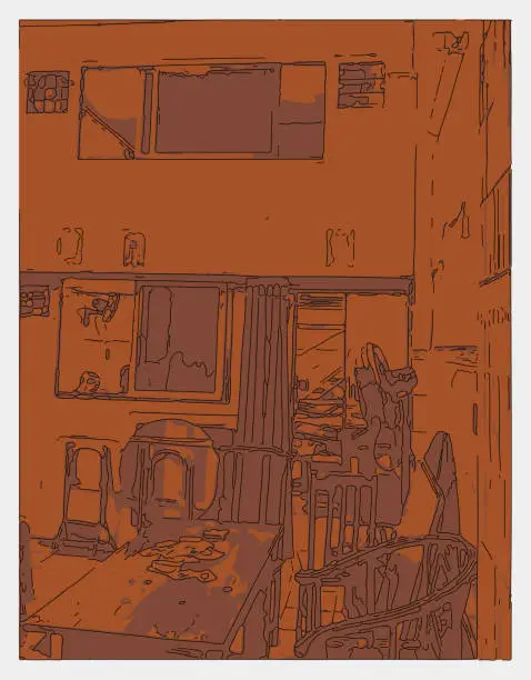 Vector illustration of outline risograph style old home interior scene illustration background