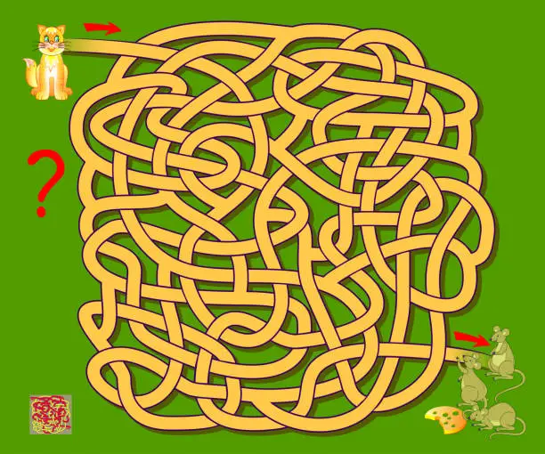 Vector illustration of Logic puzzle game with labyrinth for children. Help the cat find the way till the mice. Printable worksheet for brainteaser book. Vector cartoon image.