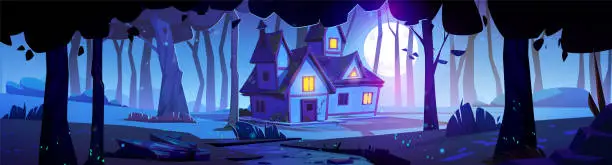 Vector illustration of House in woods at night under moonlight.