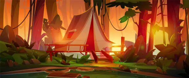 Vector illustration of Forest camp tent on stilt at sunrise background