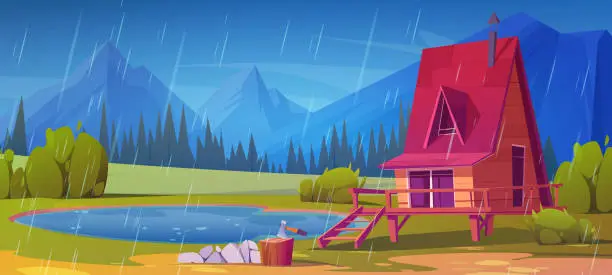 Vector illustration of Hut on stilt near lake game vector background