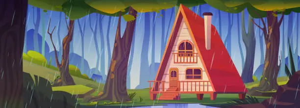 Vector illustration of Wooden house in forest in rainy weather.