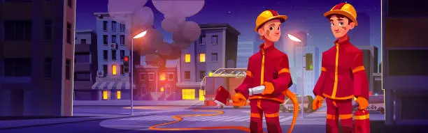 Vector illustration of Two firefighters in front of fire in city